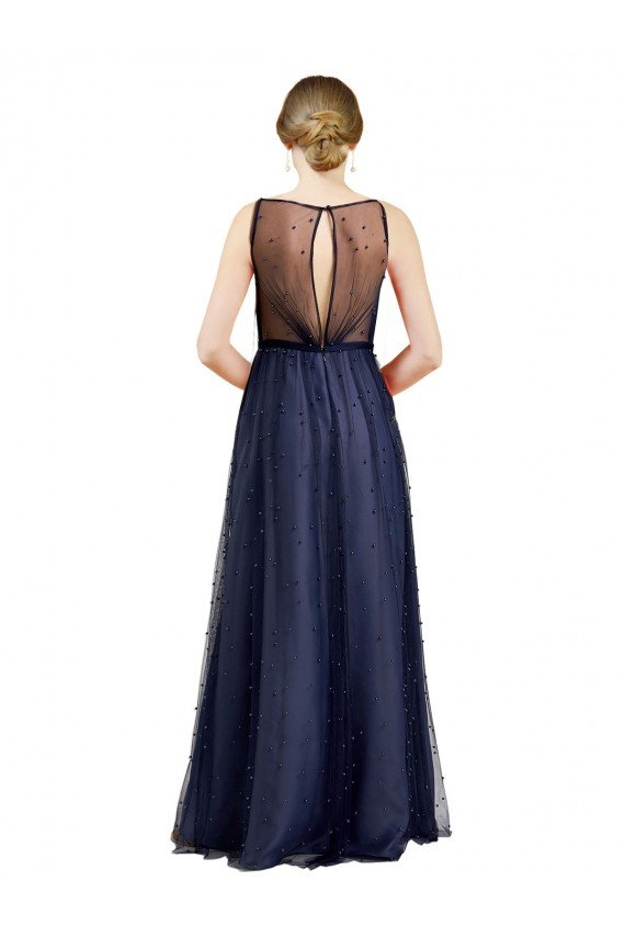 Affordable Sleeveless Boat Neck Long Pearl Tulle Bridesmaid Dress with Keyhole Back UK