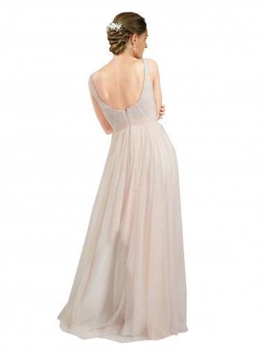 Affordable Scooped Neckline Long Tulle Bridesmaid Dress with Open Back UK