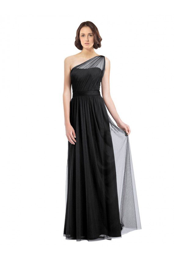 Affordable Ruched Long Soft Tulle Bridesmaid Dress with Sheer Netting Shoulder Strap UK