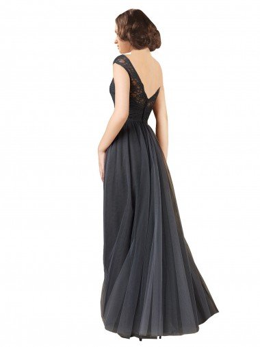 Affordable Long Bateau Tulle Bridesmaid Dress with Lace Bodice UK