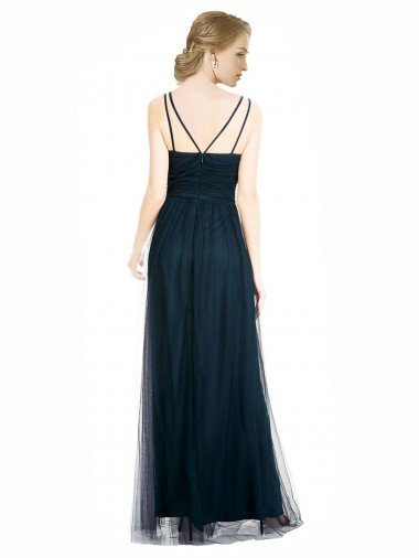 Affordable Full Length Long Tulle Bridesmaid Dress with V-Neck Criss-Cross Ruched Top UK