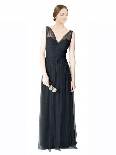 Affordable Long Tulle Bridesmaid Dress with Illusion Shoulder Straps and V-Back UK