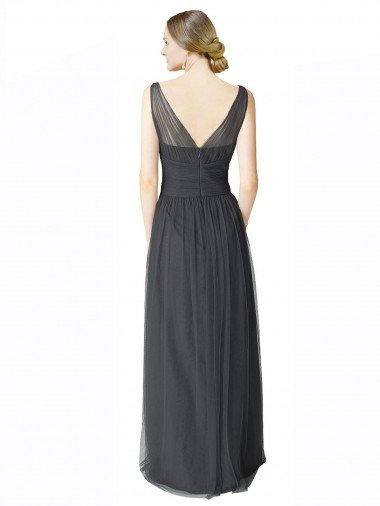 Affordable Long Tulle Bridesmaid Dress with Illusion Shoulder Straps and V-Back UK