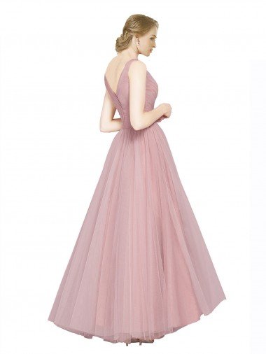 Affordable Long Floor Length Wide Strap Plunge Cross Over Neckline Tulle Bridesmaid Dress UK