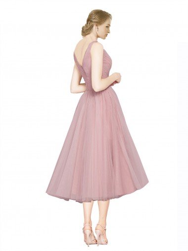 Affordable Short Tea Length Wide Strap Plunge Cross Over Neckline Tulle Cocktail Bridesmaid Dress UK