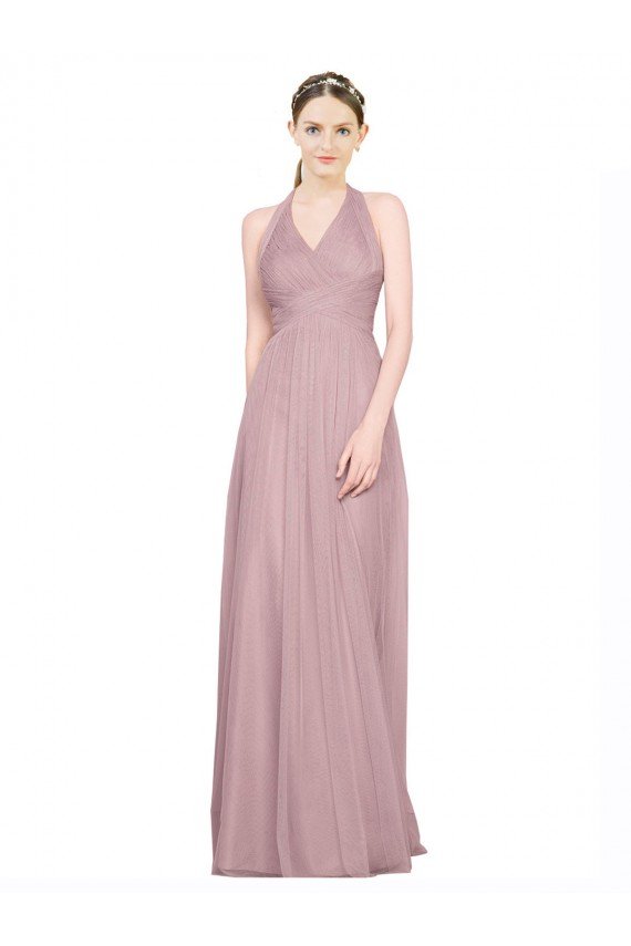 Affordable Ruffled Halter V-Neck Long Tulle Bridesmaid Dress with Pleats UK