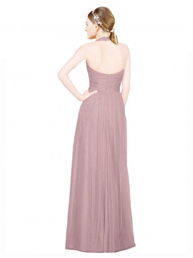 Affordable Ruffled Halter V-Neck Long Tulle Bridesmaid Dress with Pleats UK