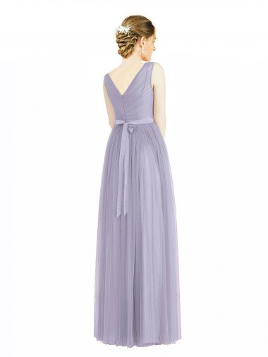 Affordable Wide Straps V-Neck Long Tulle Bridesmaids with Belt UK