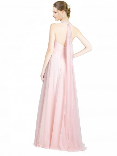 Affordable Ruched Sweetheart Neckline A-Line Tulle Bridesmaid Dress with Tie Open Back UK