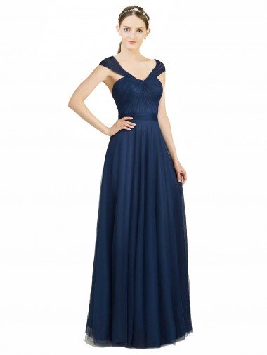 Affordable Ruched Sweetheart Long A-Line Tulle Bridesmaid Dress with Wide Straps and Tie Back UK