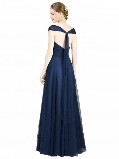 Affordable Ruched Sweetheart Long A-Line Tulle Bridesmaid Dress with Wide Straps and Tie Back UK