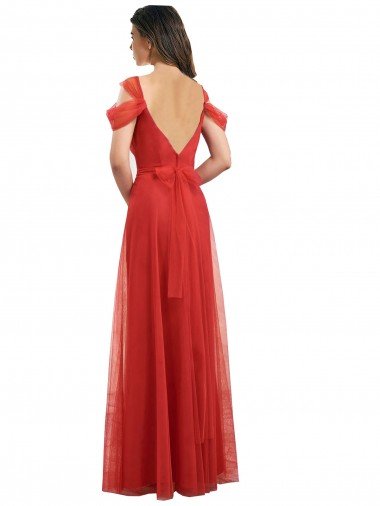 Affordable Cold Shoulder Pleated Wrap Tulle Bridesmaid Dress with Low V-Back UK