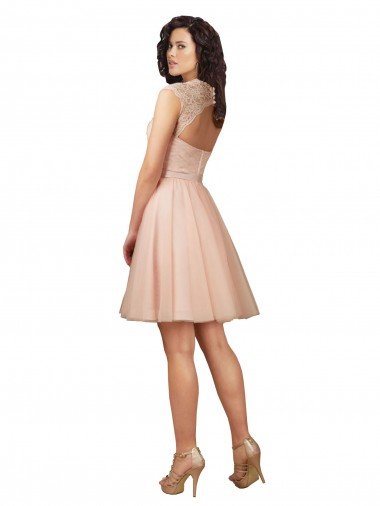 Affordable Lace and Tulle Bridesmaid Dress with Cap Sleeves and Keyhole Back UK