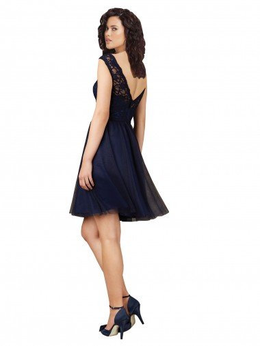 Affordable Short Bateau Neck Tulle Cocktail Bridesmaid Dress with Lace Bodice UK