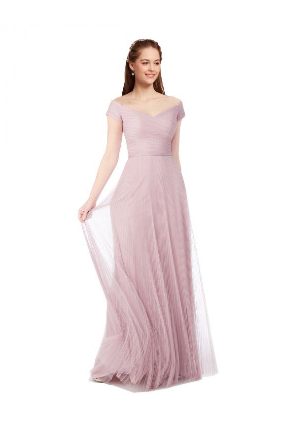Affordable Off the Shoulder Long A-Line Tulle Bridesmaid Dress UK