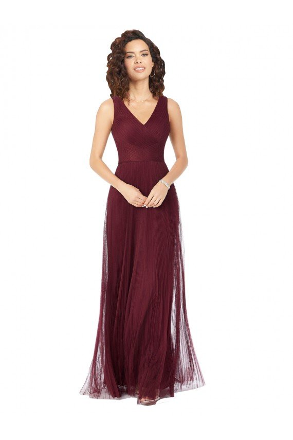 Affordable Long A-Line V-Neck Tulle Bridesmaid Dress UK