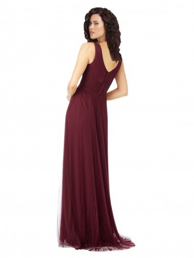 Affordable Long A-Line V-Neck Tulle Bridesmaid Dress UK