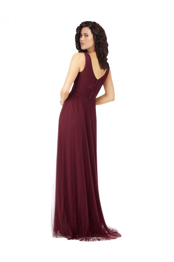 Affordable Long A-Line V-Neck Tulle Bridesmaid Dress UK