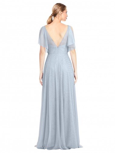 Affordable Floor Length Flutter Sleeves Long Tulle Bridesmaid Dress with Side Slit UK