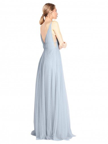 Affordable Plunging Deep V-Neck Long Tulle Bridesmaid Dress with V-Back UK