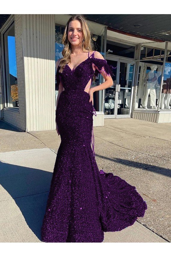 Affordable Cold Shoulder Sleeveless Long Court Train Velvet Sequin Prom Dress UK