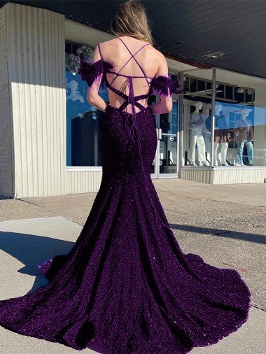 Affordable Cold Shoulder Sleeveless Long Court Train Velvet Sequin Prom Dress UK