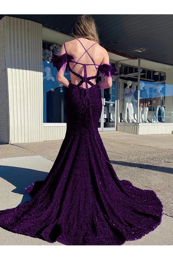 Affordable Cold Shoulder Sleeveless Long Court Train Velvet Sequin Prom Dress UK