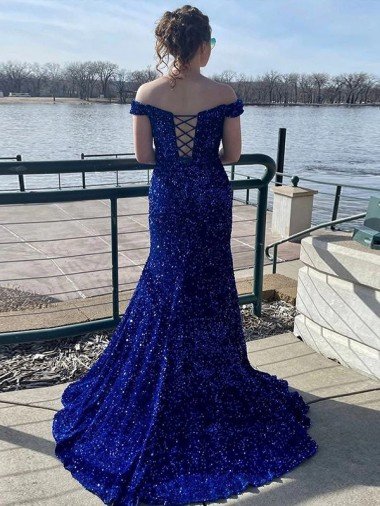Affordable Off the Shoulder Sleeveless Long Sweep Train Velvet Sequin Prom Dress UK