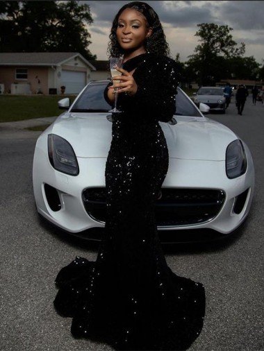 Affordable One Shoulder Long Sleeves Long Sweep Train Velvet Sequin Prom Dress UK