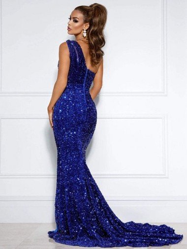 Affordable Mermaid One Shoulder Sleeveless Long Court Train Velvet Sequin Prom Dress with Slit UK