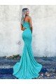 Affordable Mermaid One Shoulder Sleeveless Long Sweep Train Velvet Sequin Prom Dress UK
