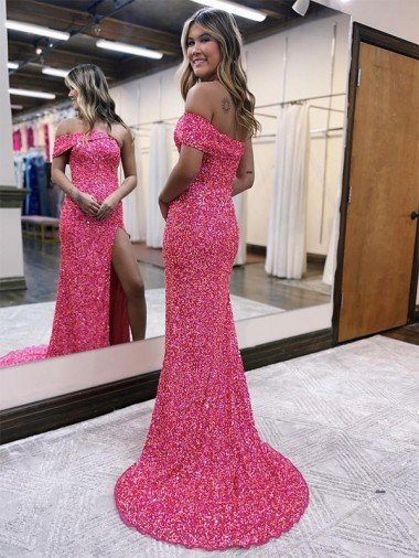 Affordable One Shoulder Sleeveless Long Sweep Train Velvet Sequin Prom Dress with Side Slit UK