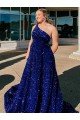 Affordable A-Line One Shoulder Sleeveless Long Sweep Train Velvet Sequin Prom Dress with Pockets UK