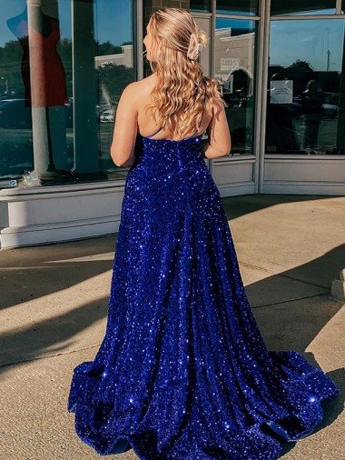 Affordable A-Line One Shoulder Sleeveless Long Sweep Train Velvet Sequin Prom Dress with Pockets UK