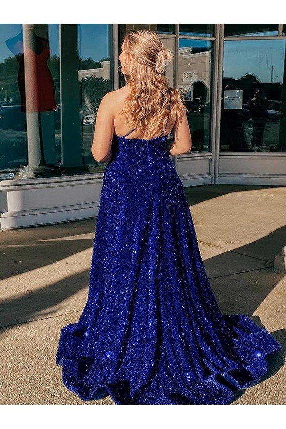 Affordable A-Line One Shoulder Sleeveless Long Sweep Train Velvet Sequin Prom Dress with Pockets UK