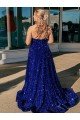 Affordable A-Line One Shoulder Sleeveless Long Sweep Train Velvet Sequin Prom Dress with Pockets UK
