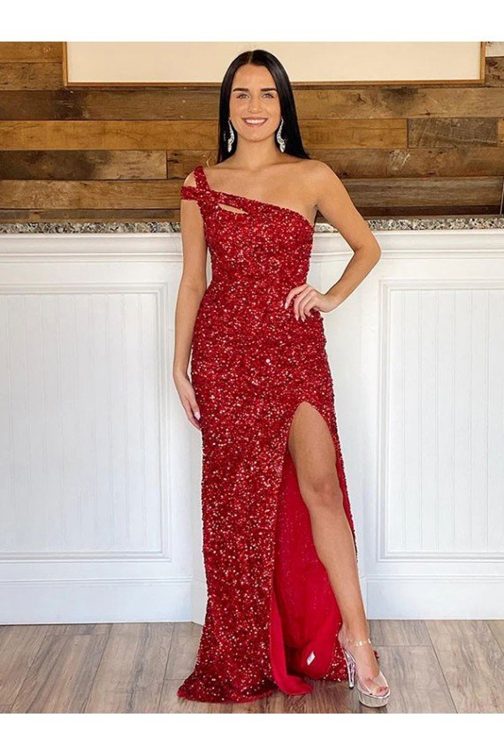 Affordable One Shoulder Sleeveless Long Sweep Train Velvet Sequin Prom Dress UK