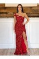 Affordable One Shoulder Sleeveless Long Sweep Train Velvet Sequin Prom Dress UK