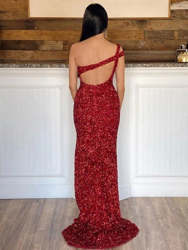 Affordable One Shoulder Sleeveless Long Sweep Train Velvet Sequin Prom Dress UK