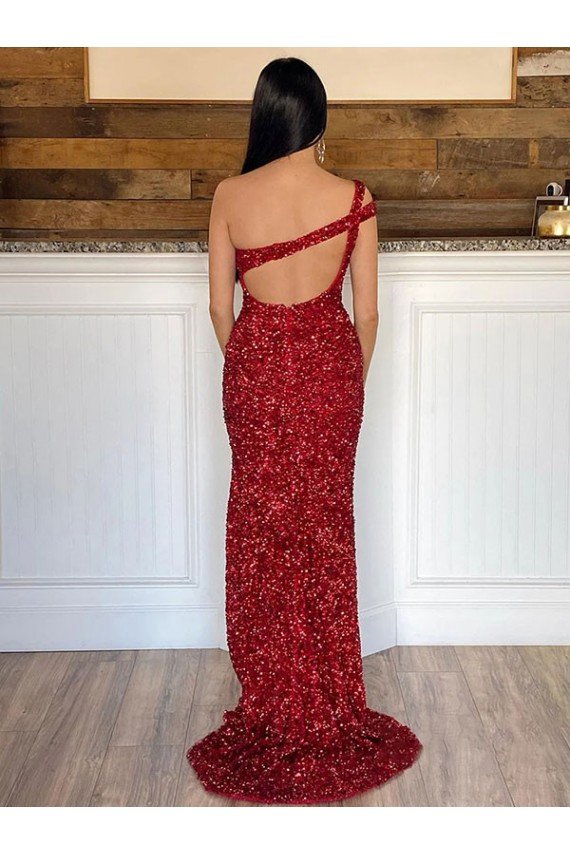 Affordable One Shoulder Sleeveless Long Sweep Train Velvet Sequin Prom Dress UK