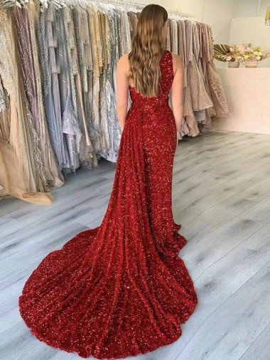 Affordable One Shoulder Sleeveless Long Court Train Velvet Sequin Prom Dress with Slit UK