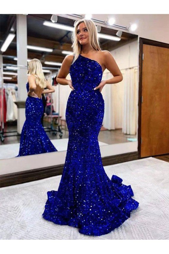Affordable Mermaid One Shoulder Open Back Long Sweep Train Velvet Sequin Prom Dress UK