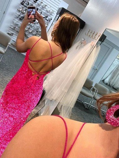 Affordable Spaghetti Straps Sleeveless Long Velvet Sequin Prom Dress with Slit and Criss Cross Open Back UK