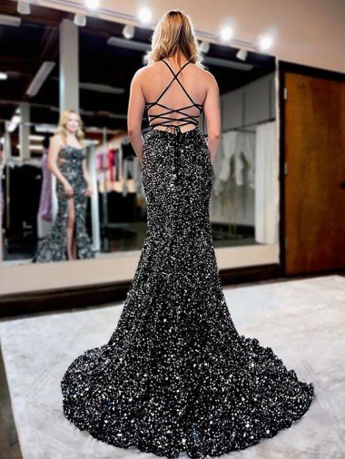 Affordable Spaghetti Straps Sleeveless Long Sweep Train Velvet Sequin Prom Dress UK