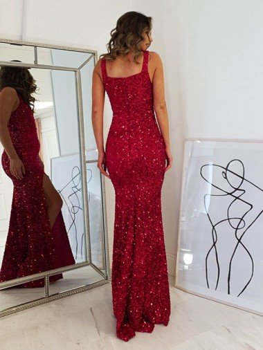 Affordable Square Neck Sleeveless Long Velvet Sequin Prom Dress with Slit UK