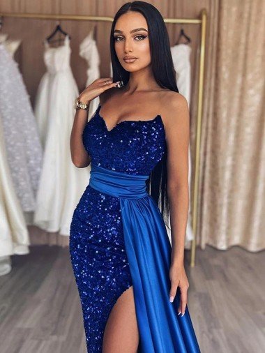 Affordable Sweetheart Sleeveless Long Sweep Train Velvet Sequin Prom Dress with Slit UK
