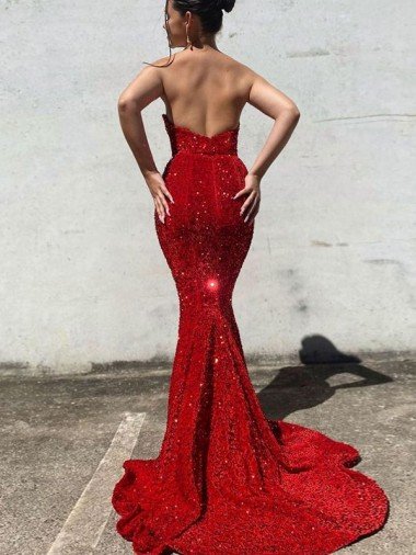Affordable Mermaid Sweetheart Sleeveless Long Court Train Velvet Sequin Prom Dress UK