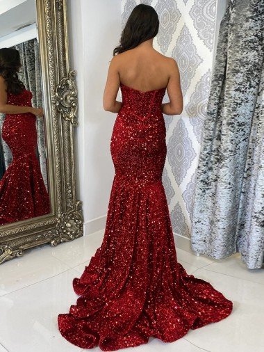Affordable Sweetheart Sleeveless Long Court Train Velvet Sequin Prom Dress UK