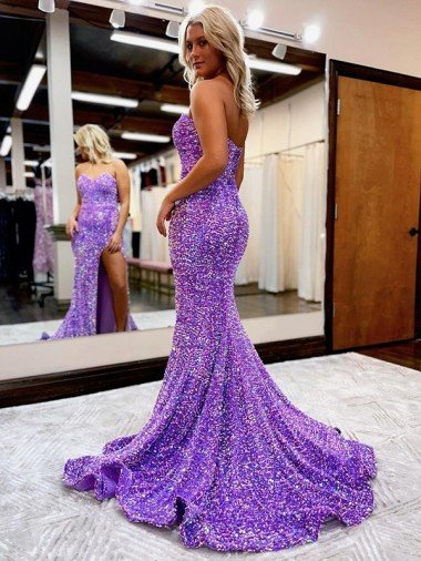Affordable A-Line Sweetheart Sleeveless Long Velvet Sequin Prom Dress with Slit UK