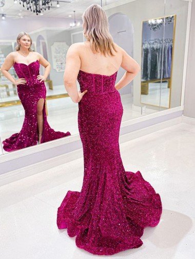 Affordable Long Sweetheart Sleeveless Sweep Train Velvet Sequin Prom Dress with Slit UK